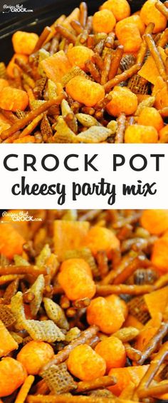 the crock pot cheesy party mix is ready to be eaten and served