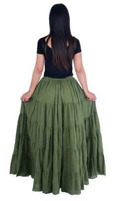 Women's Green Long Cotton Ruffle Skirt - Full Circle Long Maxi Skirt - Comfortable Elastic Waist - Bohemian Skirt - Flowy Boho Thai Dress These long cotton ruffle maxi skirts are handmade in Northern Thailand, Chiangmai. Two size's available and they fits most. Skirt are same size just different length. Skirt have elastic waist and it's great choice for outdoor and indoor clothing, festival wear, summer, beach or just relaxation. Lannaclothesdesign products are uniquely designed and latest fashi Ruffle Skirt Outfit, Long Green Skirt, Long Cotton Skirt, Green Maxi Skirt, Skirts Flowy, Fall Skirt, Ruffle Maxi Skirt, Bohemian Fall, Long Maxi Skirt