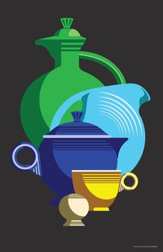 an image of vases and bowls on a black background with color added to it