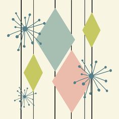 an abstract design with geometric shapes and lines in pastel colors on a cream background