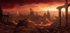 an image of a sci - fi city in the middle of a desert with flames coming out of it