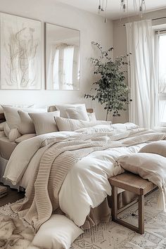 a large bed sitting in a bedroom next to a window covered in blankets and pillows