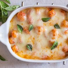 a casserole dish with meatballs, cheese and basil garnishes