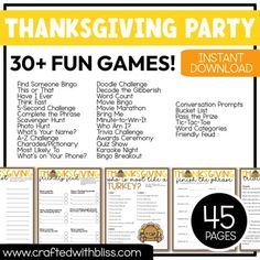 thanksgiving party games for kids and adults with free printables on the front page