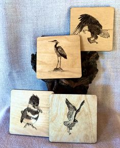 four wooden coasters with birds on them