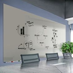 a conference room with a white board and blue chairs, drawn on the wall behind it