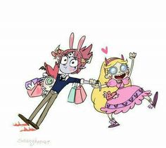 two cartoon characters are holding hands and one is dressed as a girl with pink hair