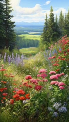 a painting of flowers and trees in the background