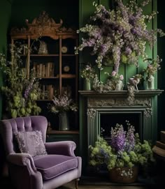 a purple chair sitting in front of a fireplace with lots of flowers on top of it