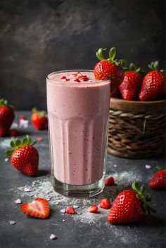 a smoothie in a glass with strawberries scattered around it and on the table