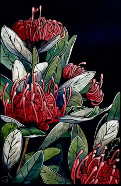 a painting of red flowers on a black background