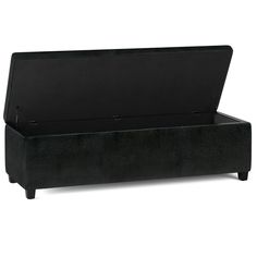 an upholstered black bench with its lid open