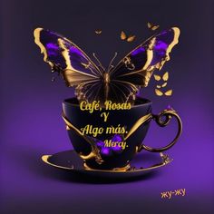 a coffee cup with purple butterflies on it and the words cafe roses, ago mais meru