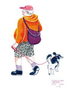 an old woman walking her dog with a purple bag on it's back and orange top