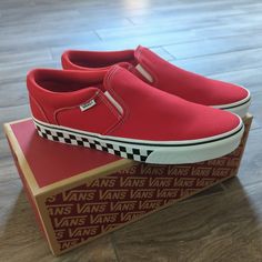 Vans Red Asher Slip On Loafer Skater Shoe Checkered Sidewall Men's 11, 11.5, And 13. New In Box Comfortable Red Slip-on Sneakers With Round Toe, Red Casual Slip-on Sneakers With Rubber Sole, Red Slip-on Sneakers With Cushioned Footbed, Casual Red Slip-on Shoes, Classic Red Vans Sneakers, Red Slip-on Sneakers With Rubber Sole, Casual Red Round Toe Slip-ons, Red Vans Slip-on Sneakers, Red Low-top Slip-ons With Rubber Sole