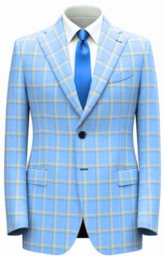 This distinct single breast, two button jacket is made-to-order in tailored fit. It’s light blue and yellow plaid will be perfect for the spring. The funky liner gives it a more edgy feel, just for you as others will only see a peak of it as you remove your jacket. Wear as a suit or pair jacket with jeans for a more casual look. Additional sizes available by contacting us at hello@apolishedman.com Allow 6 weeks for production and delivery. Pants come unfinished and need hemming to desired length Fitted Yellow Blazer For Business, Classic Yellow Blazer For Business, Tailored Yellow Suit For Semi-formal Occasions, Tailored Yellow Suit With Notch Lapel, Yellow Tailored Suit With Notch Lapel, Yellow Semi-formal Suit With Notch Lapel, Light Blue Single-breasted Business Outerwear, Light Blue Semi-formal Suit With Notch Lapel, Semi-formal Blue Blazer With Patch Pockets