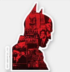 a red sticker with the silhouette of a man's head, surrounded by images of people