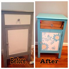 before and after photos of an old dresser painted blue with flowers on the side, then white