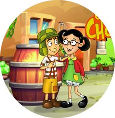 an animated image of two children standing in front of a barrel with the word ch on it