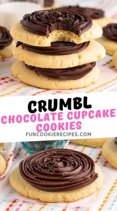 chocolate cupcake cookies stacked on top of each other with the words crumbl above them