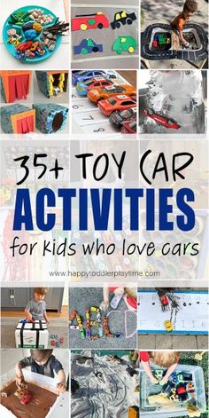 the cover of 35 toy car activities for kids who love cars, including toys and crafts