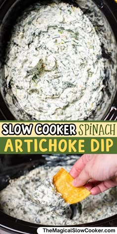 the slow cooker spinach artichoke dip is ready to be eaten