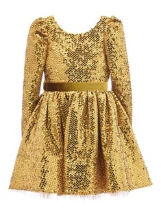 gold-tone sequin design rear zip fastening round neck long sleeves oversize bow detail to the rear full skirt The Dazzling, Bridesmaid Party, Sequin Design, Sequin Bow, Bow Dress, Dress Gold, Buy Buy Baby, Girls Party, Mini Boden