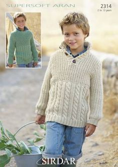 a young boy in a sweater and jeans holding a bucket with plants growing out of it