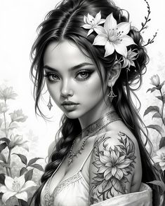 a drawing of a woman with flowers in her hair and tattoos on her arm, wearing a bra