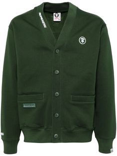 dark green cotton blend jersey texture logo patch at the chest front button fastening ribbed V-neck logo-embroidered collar long sleeves mini logo tag two front welt pockets logo patch to the front logo patch to the rear ribbed cuffs and hem fleece lining A Bathing Ape Logo, Texture Logo, Mini Logo, Embroidered Collars, Bathing Ape, Logo Tag, Balenciaga Triple S, Knitwear Men, A Bathing Ape