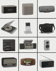 many different types of electronic devices are shown in this image, including stereos and speakers