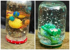 two glass jars filled with different types of toys