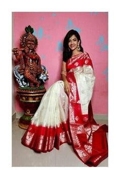 Wedding Wear Saree, Saree Party Wear, Organza Silk Saree, White Saree, Red Saree, Contrast Blouse, Festive Wear, Durga Puja, Bollywood Saree