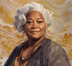 a painting of a woman with white hair and large hoop earrings on her neck, smiling at the camera