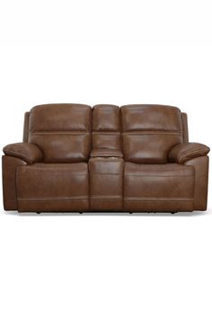 a brown leather reclining sofa with two arms and one arm facing the camera,