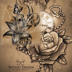 an old tattoo design with roses and clocks on it's side, surrounded by butterflies