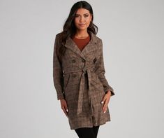 Make your way into town looking stylish in this plaid trench coat! It features long sleeves. a collared neckline. double-breast button closure. side pockets. a belted waist. and a storm flap on the back. Complete your look with booties.Fit & Features Long sleeves. collared neckline Double-breast button closure Side pockets. belted waist Plaid print Storm flap on the back Soft fabric. no stretch Runs true to size Pleated Skater Dress, Plaid Trench Coat, Purple Fits, Trench Coat Style, Woven Jacket, Trench Jacket, A Storm, Fashion Colours, Coat Fashion