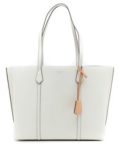 White leather Perry Triple-Compartment tote bag from TORY BURCH featuring oversize top handles, leather tag, internal zip-fastening pocket, internal patch pockets, embossed logo to the front and signature triple compartment design. | Tory Burch Perry Triple-Compartment tote bag Luxury White Bags With Leather Lining, Luxury White Shoulder Bag With Smooth Grain, Modern White Shoulder Bag With Leather Lining, Cream Smooth Grain Office Bag, Everyday Luxury White Bag, Chic White Bag With Smooth Grain, Timeless White Bags With Leather Handles, Timeless White Tote Shoulder Bag, White Leather Shoulder Bag With Leather Lining