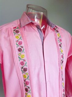 Beautiful Classic Mexican Pink Color Guayabera Long Sleeve For Men 2 Front Embroidered Panels Traditional Guayabera, Wedding Shirt, Very Classic, Polycotton Please check the sizing chart and compare with your clothes to make sure you pick the right size, customer pays return label in case of any exchange GUAYABERAS MAY RUN SMALL, PLEASE CHECK CHART MEASUREMENTS. Traditional Fit Long Sleeve Shirt For Spring, Traditional Embroidered Fitted Shirt, Traditional Fitted Embroidered Shirt, Fitted Cotton Shirt With Resham Embroidery, Traditional Fit Embroidered Shirt For Spring, Spring Embroidered Traditional Fit Shirt, Traditional Fit Long Sleeve Summer Shirt, Traditional Long Sleeve Wedding Shirt, Pink Long Sleeve Shirt With Floral Embroidery