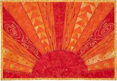 the sun is shining brightly on an orange and red background with intricate designs in it