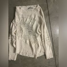 Never Worn Perfect Condition Size S Zara White Crew Neck Sweater, Distressed White Top For Fall, Zara White Sweater For Spring, White Zara Sweater For Spring, Distressed White Tops For Fall, White Distressed Tops For Fall, White Bohemian Cotton Sweater, White Cotton Bohemian Sweater, White Zara Sweater For Summer