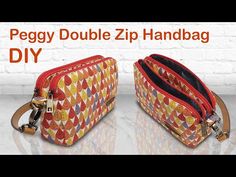 two bags sitting next to each other with the words peggy double zip handbag diy