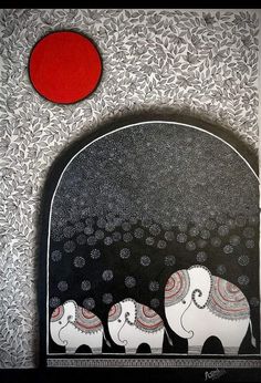 an elephant painting with red circle above it and black wall paper on the back ground