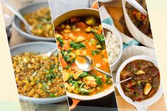 four different pictures of food including soup, rice and vegetables