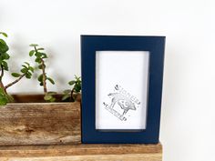 a wooden shelf with a blue frame on it and a potted plant next to it