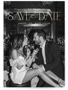 the cover of save - date magazine with two people sitting at a bar drinking wine