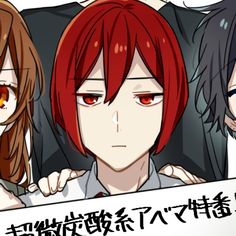 three anime characters with red hair and orange eyes