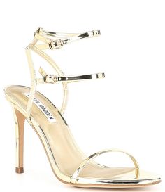 Steve Madden Theresa Metallic Stiletto Buckle Strap Dress Sandals | Dillard's Strappy Party Sandals With Buckle Closure, Fitted Party Sandals With Buckle Closure, Party Heels With Adjustable Single Toe Strap, Glamorous Strappy Sandals, Glamorous Fitted Strappy Sandals, Strappy Sandals With Adjustable Strap For Party, Gold Fitted Strappy Sandals, Spring Party Heels With Double Strap, Party Sandals With Adjustable Single Toe Strap