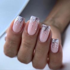 Square Nail, French Manicure Nails, Sparkle Nails, Pink And Silver, New Year's Nails, Dipped Nails, Xmas Nails, Elegant Nails