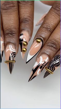 Elevate your nail game with 36 stunning chrome nail designs. From subtle accents to bold, eye-catching looks, find your perfect chrome nails style. Black White And Gold Nail Art, Black Nails With Nail Art, Nail Styles 2024, Afro Nail Art, Black White And Gold Nails Design, Unique Fall Nail Designs, Fallnails 2024, Black White And Gold Nails, Juneteenth Nail Design